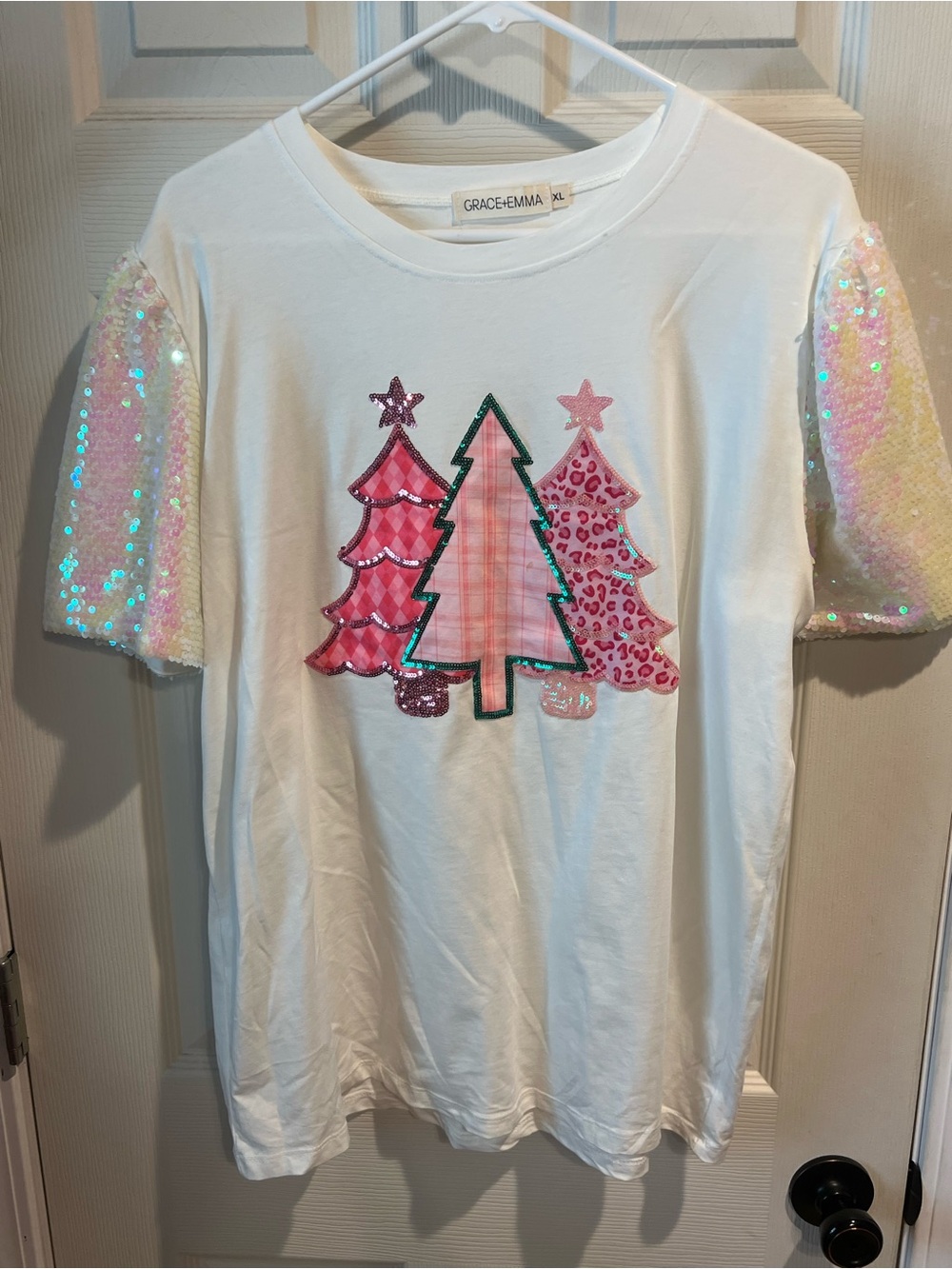 Grace + Emma White Short Sleeve Tee with Pink Sequin Tree Motif